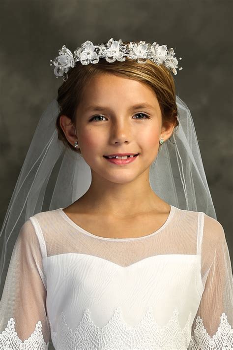 White Flower Rhinestone Crown First Communion Veil Buy Catholic First