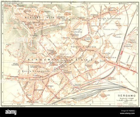 BERGAMO Karte Stadtplan Vintage Stadt Italien 1927 Stockfotografie