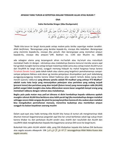 Pdf Apakah Yang Turun Di Sepertiga Malam Terkahir Allah Atau Bukan