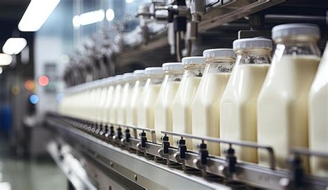 Línea de producción de la industria láctea con botellas de leche en