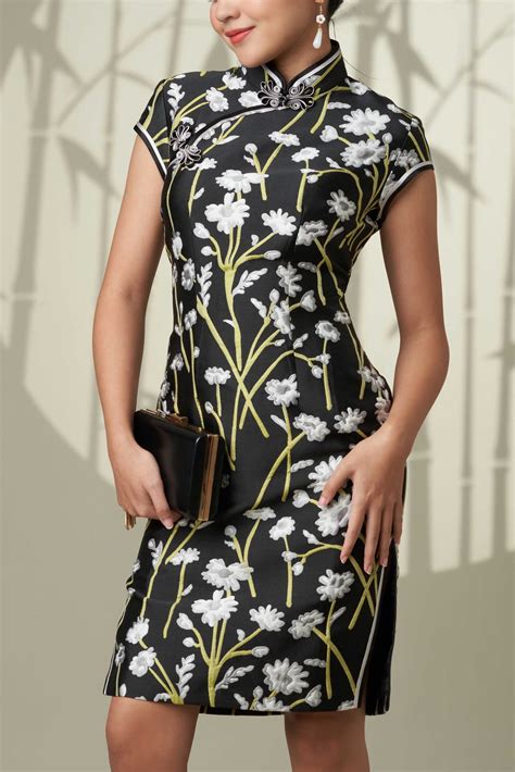 Sleeved Yellow Black Floral Brocade Qipao Cheong Sam Monica Quen