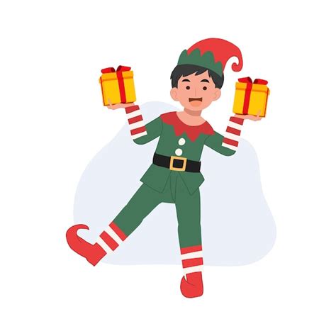 Premium Vector Cute Young Christmas Elf Boy With Present Box