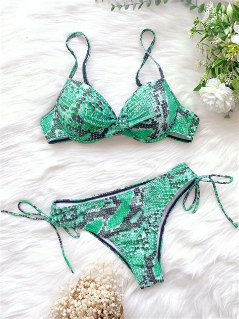 Bikini Badeanzug für Frauen Python Print Muster Schnürgurte Hals