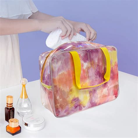 Iridescent Pattern Tote Clutch Cosmetic Bag Clear Pvc Zip Travel Makeup