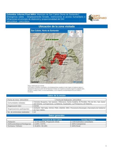 Pdf Ubicaci N De La Zona Visitada Humanitarianresponse Colombia