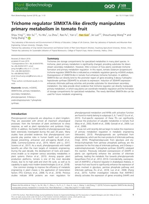 Pdf Trichome Regulator Slmx Directly Manipulates Primary Metabolism