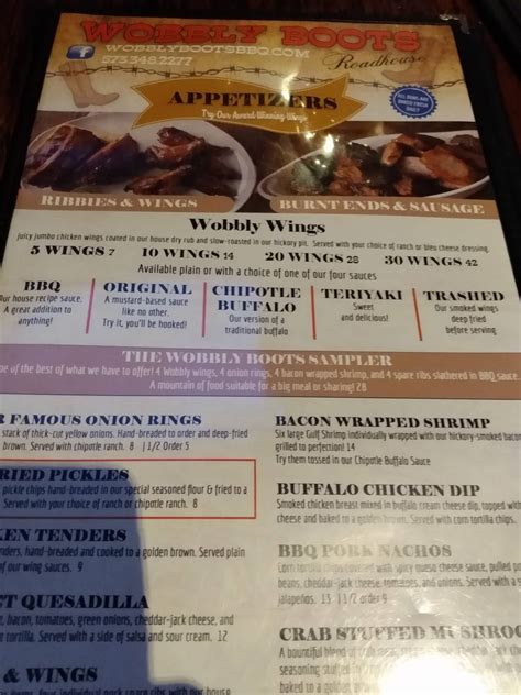 Menu At Wobbly Boots Roadhouse Bbq Osage Beach