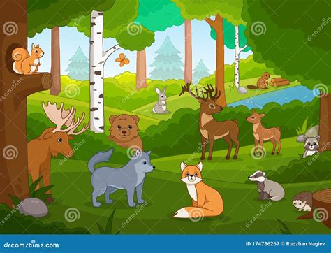 Various Cartoon Animals in the Forest Stock Vector - Illustration of ...