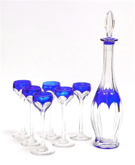 Art Deco Crystal Blue Liquor Service Decanter And Glasses At 1stdibs