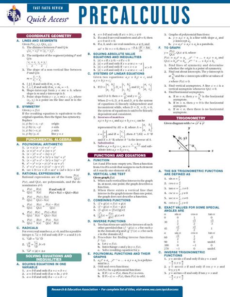 Precalculus REA S Quick Access Reference Chart