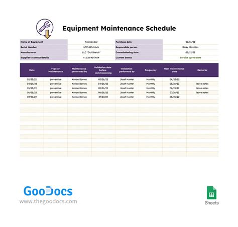 Equipment Maintenance Schedule Template In Google Sheets