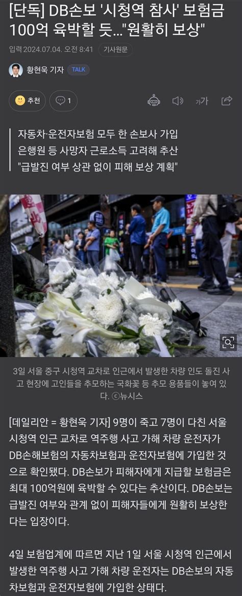 단독 Db손보 시청역 참사 보험금 100억 육박할 듯원활히 보상 유머움짤이슈 에펨코리아