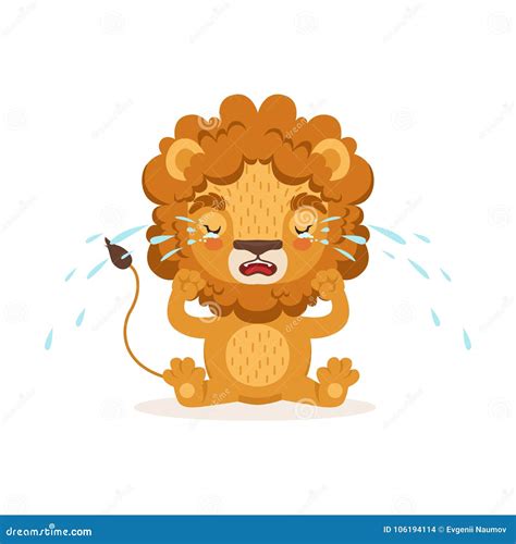 Sad Little Baby Lion Cartoon Character Sitting On The Floor And Crying