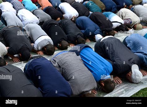 Group Of Muslim Men Kneeling And Praying On Lawn Stock Photo Alamy