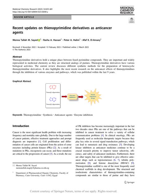 PDF Recent Updates On Thienopyrimidine Derivatives As Anticancer Agents