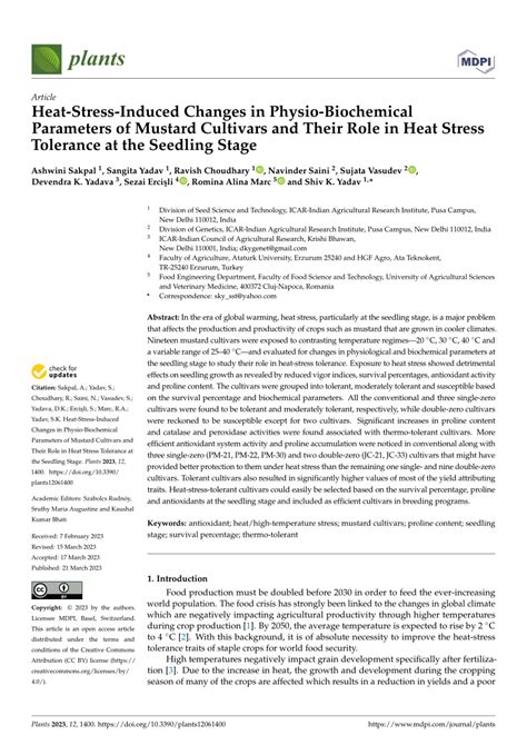 Pdf Heat Stress Induced Changes In Physio Biochemical Parameters Of