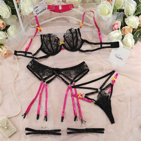 Sexy Embroidery Underwear With Choker Erotic See Through Lingerie Set