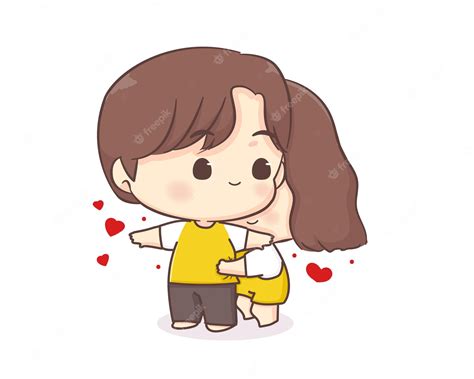 Premium Vector Cute Lovers Couple Chibi Cartoon Character Girl Hugging Her Boy Friend Happy