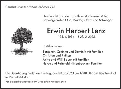 Traueranzeigen von Erwin Herbert Lenz Südwest Presse Trauer