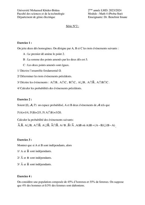 Série 2 TD pour L2 stat et proba Université Mohamed Khider Biskra 2