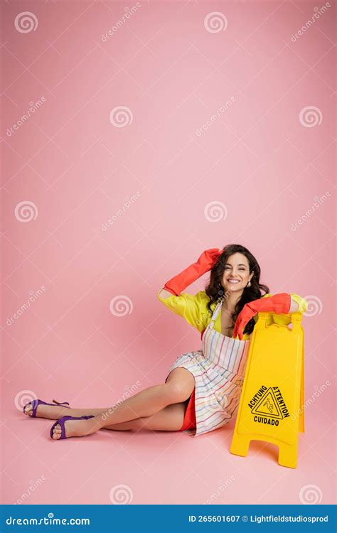 Cheerful Housewife In Red Rubber Gloves Stock Image Image Of