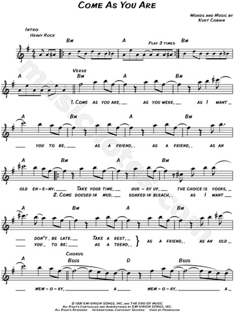 Nirvana Come As You Are Sheet Music Leadsheet In E Minor