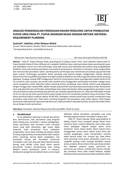 Pdf Analisis Pengendalian Persediaan Bahan Penolong Untuk Pembuatan