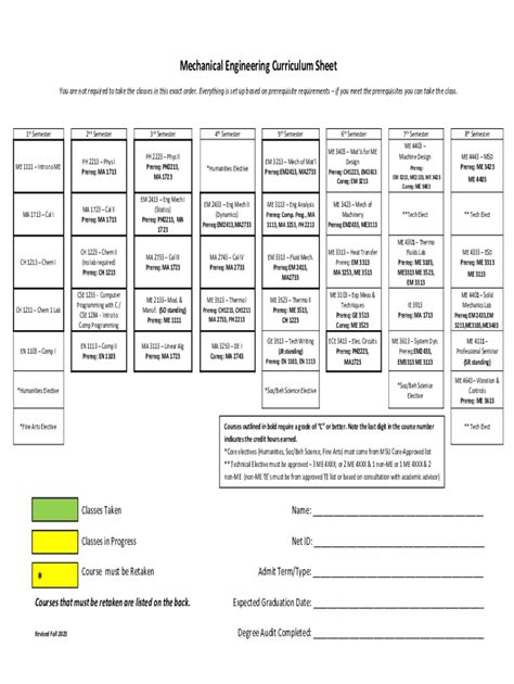 Fillable Online Mechanical Engineering Curriculum Sheet Fax Email Print ...