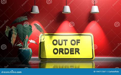 Yellow Sign Out Of Order At Red Wall 3d Rendering Illustration Stock