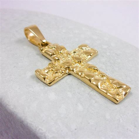 Solid 18K Yellow Gold Mens Nugget Cross Mens Gold Cross Pendant 5 4