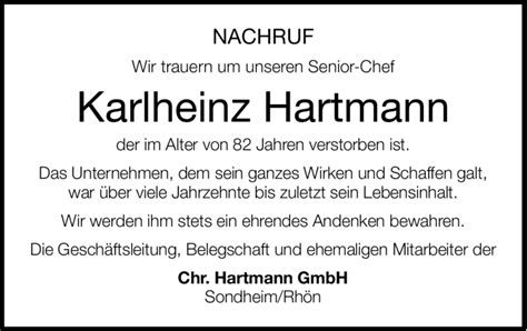 NACHRUF Wir Trauern Um Unseren Senior Chef Karlheinz Hartmann Der Im