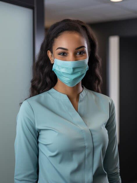 Premium Photo A Woman Wearing A Surgical Mask In An Office