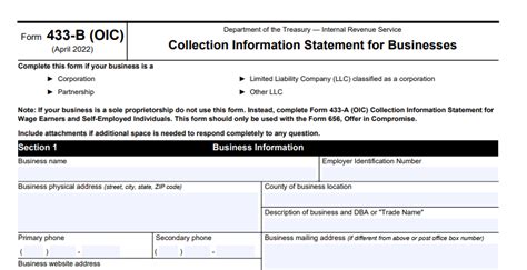 IRS Form 433 B 2022 Version Instructions Business Offer In Compromise