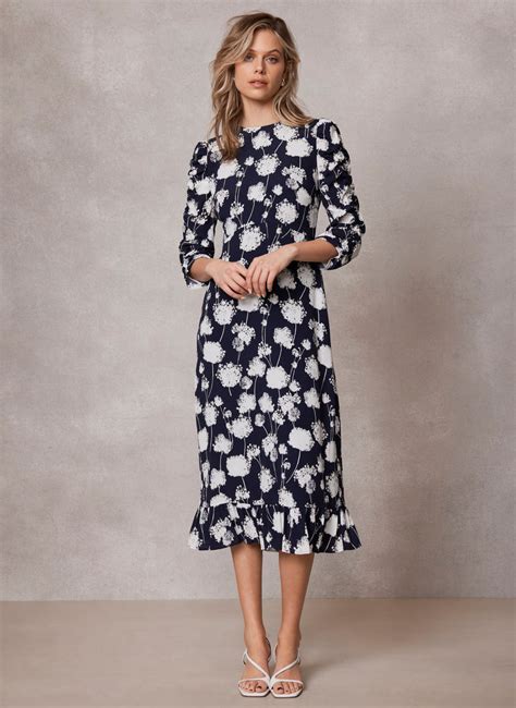 Navy Floral Ruffle Midi Dress Mint Velvet