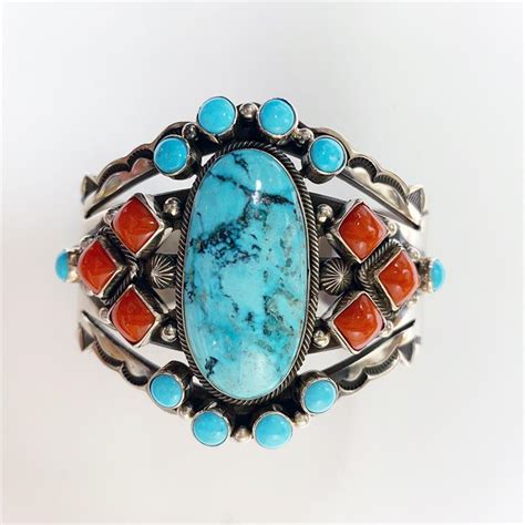 Aaron Toadlena Navajo Ithaca Peak Kingman Turquoise And Coral Cuff