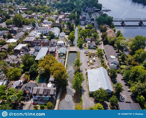 Overhead View Of Delaware River Aerial Landscape Of Small Town