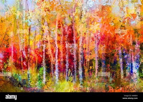 Oil painting landscape - colorful autumn trees. Semi abstract Stock ...