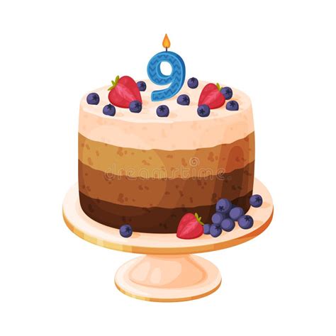 Candle On Birthday Cake With 9 Number Age Festive Dessert Burning Number Shaped Candle Cartoon