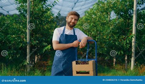 Young Farmer Showing Berry Harvest At Summer Season In Orchard