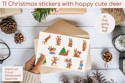 11 Christmas stickers with happy deer (2273551)