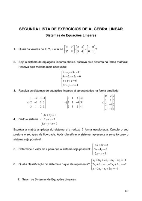 Lista 2 Sistemas De Equações Lineares Pdf