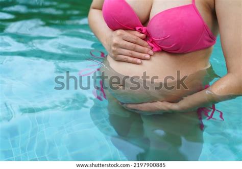 Close Belly Pregnant Woman Bikini Swimming Stock Photo 2197900885