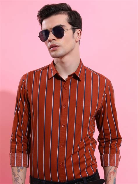 Buy Highlander Rust Striped Slim Fit Casual Shirt For Men Online At Rs