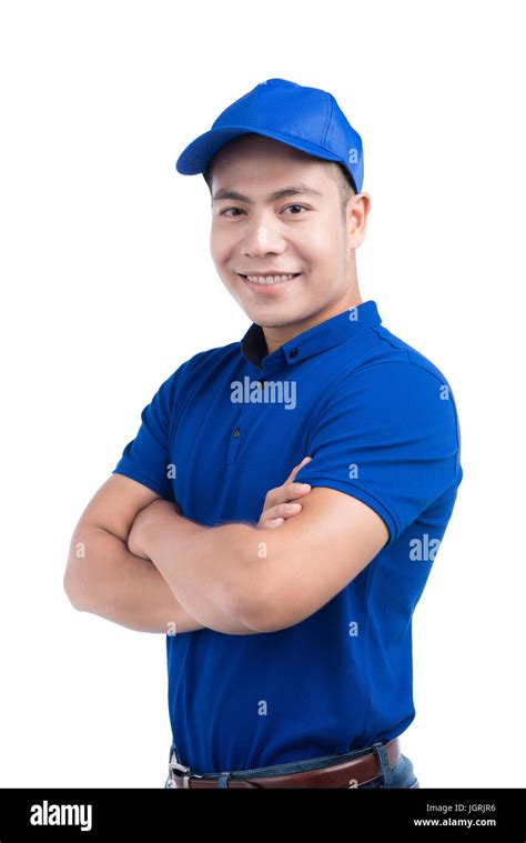 Asian Man In Blue Uniform White Background Stock Photo Alamy