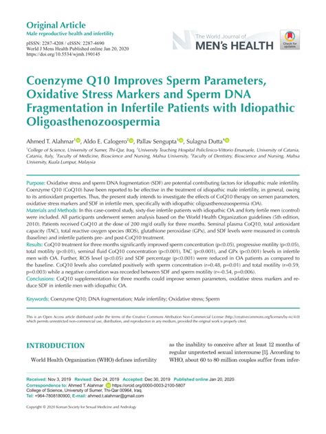 Pdf Coenzyme Q10 Improves Sperm Parameters Oxidative Stress Markers