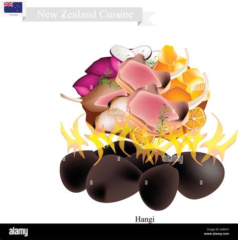 New Zealand Cuisine Illustration Of Hangi Or Traditional Maori Food