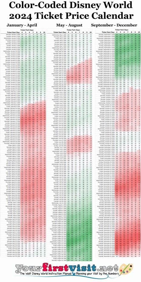 The Color Code Disney World Ticket Price Calendar Is Shown In Red