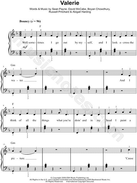 Amy Winehouse Valerie Sheet Music Easy Piano In F Major Download