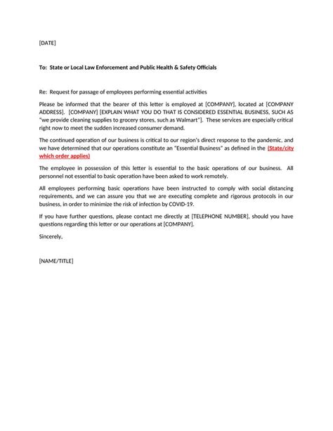 Essential Business Letter For Employees To Work During COVID-19 ...