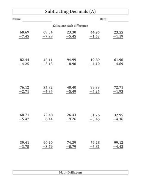 Subtraction Of Decimals Worksheet Printable Word Searches